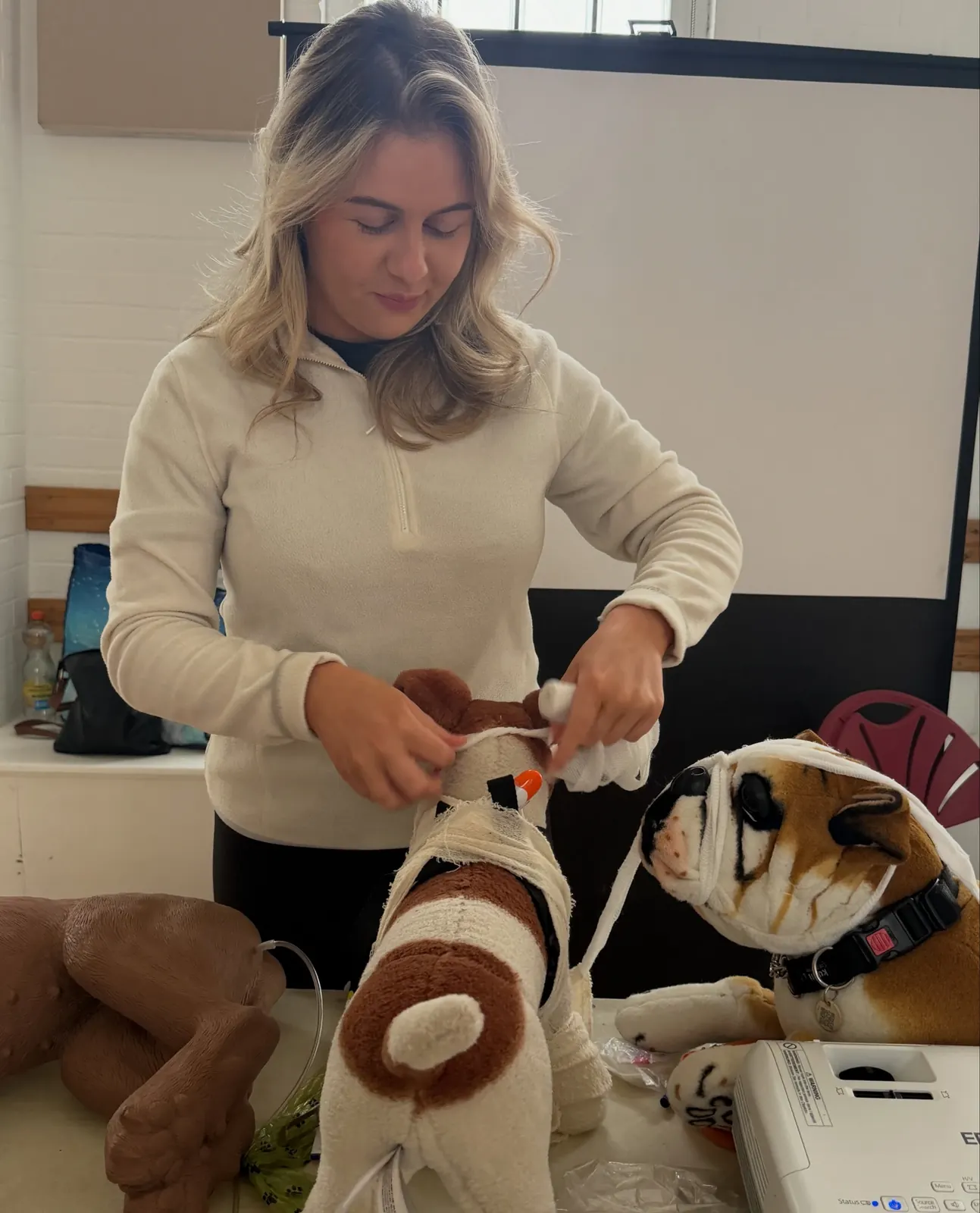 Carly practising bandaging during canine first-aid training