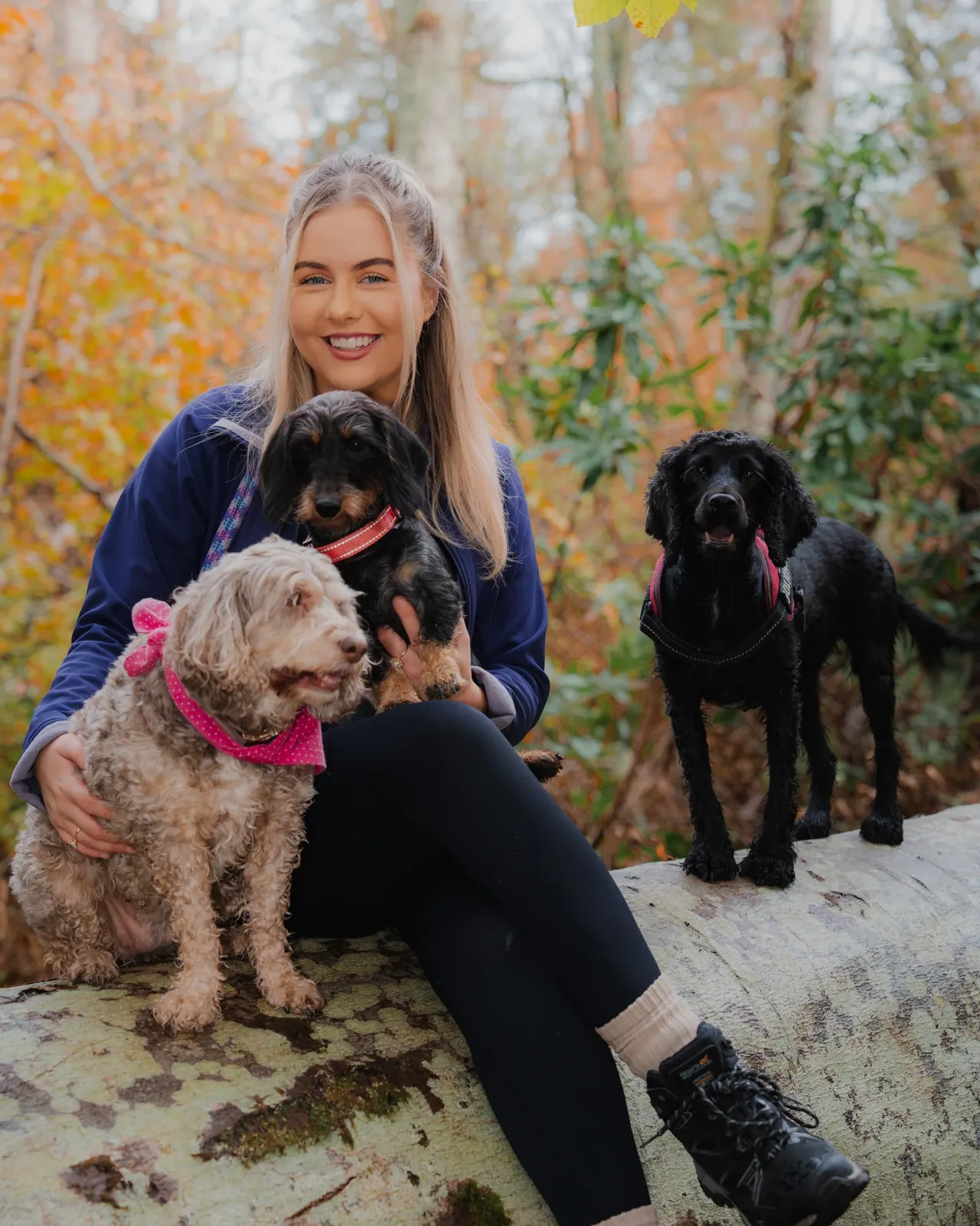 Carly kneeling with a cocker spaniel in the pinewoods