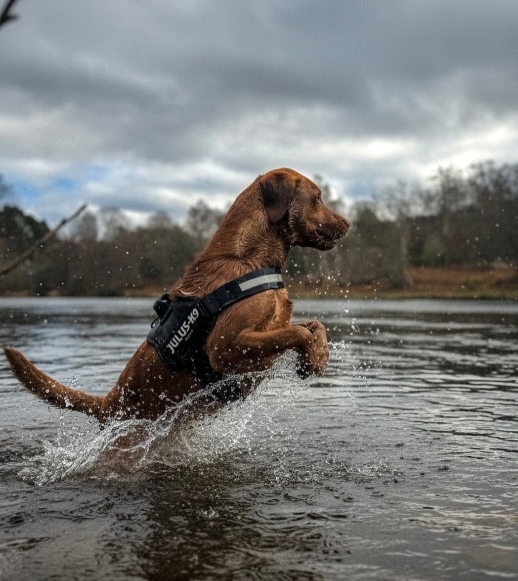 A dog leaping through the water